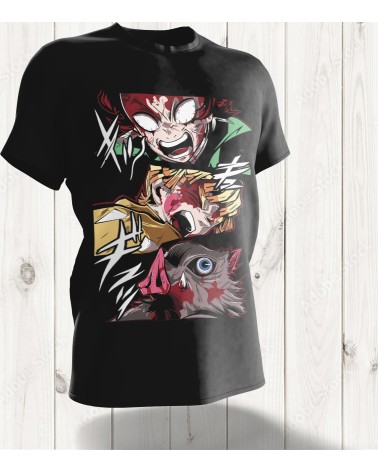 T-shirt "Demon Slayer Trio" – Les Héros en Action dans un Design Intense