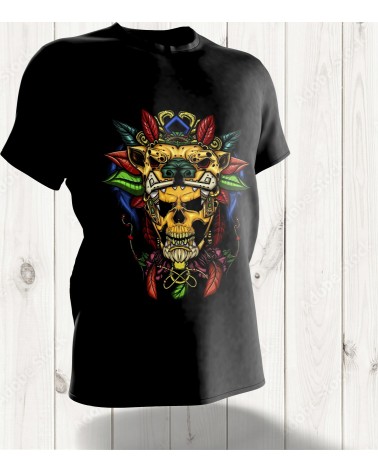 T-shirt "Crâne de Guerrier Jaguar Aztèque" – Fusion Intense de Force et de Couleurs