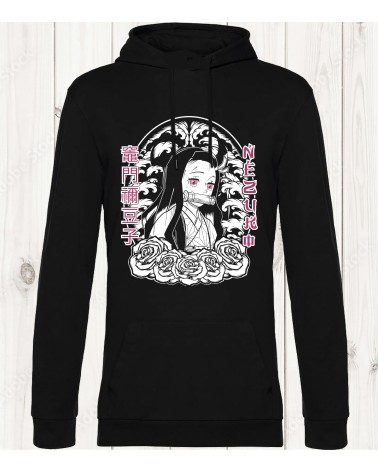 Sweat-shirt noir "Nezuko - Style Manga et Roses"